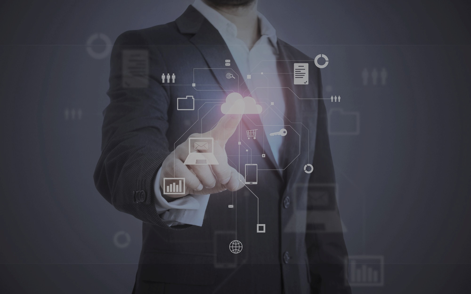 man in suit touching cloud icon technology data