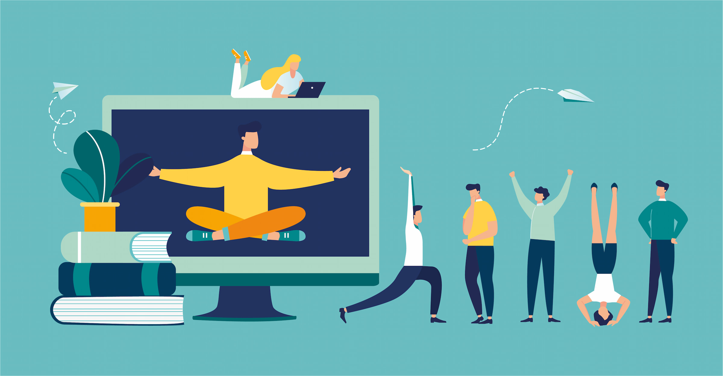 illustration workplace well-being meditation yoga monitor books