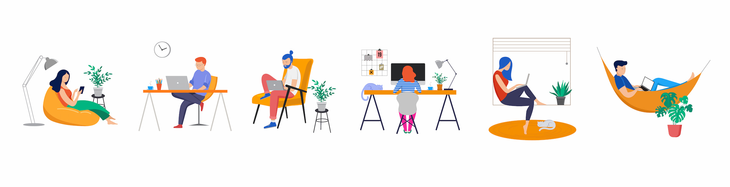 illustration employees working diverse locations remote working office home