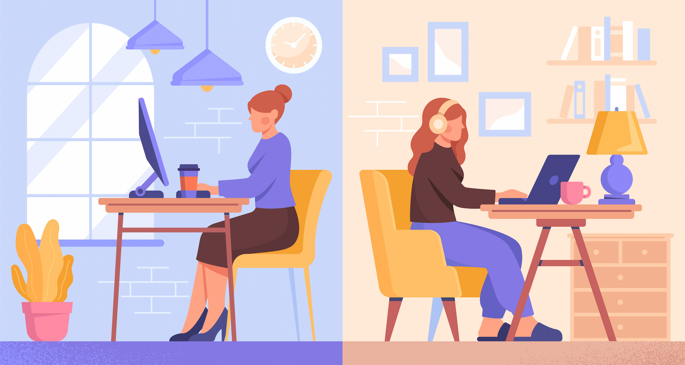 illustration woman working in office vs working at home orange violet