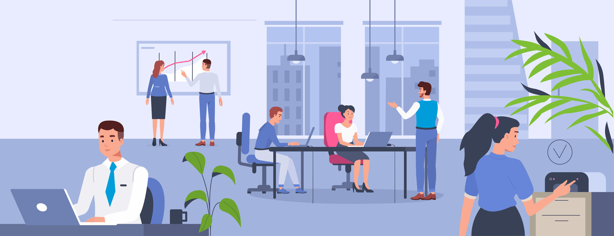 illustrated city office employees laptops charts