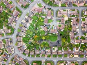 suburban neighbourhood overhead birdseye