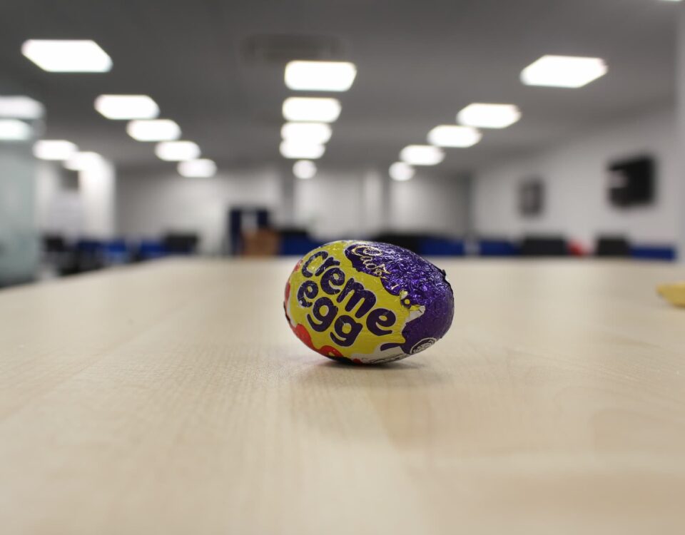 Creme egg on table in office