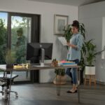 hp printer monitor woman in home office