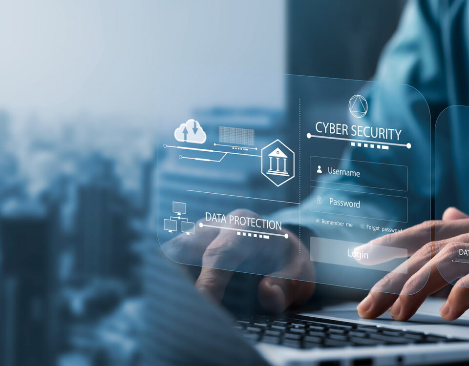 typing on a keyboard with security network graphic overlay