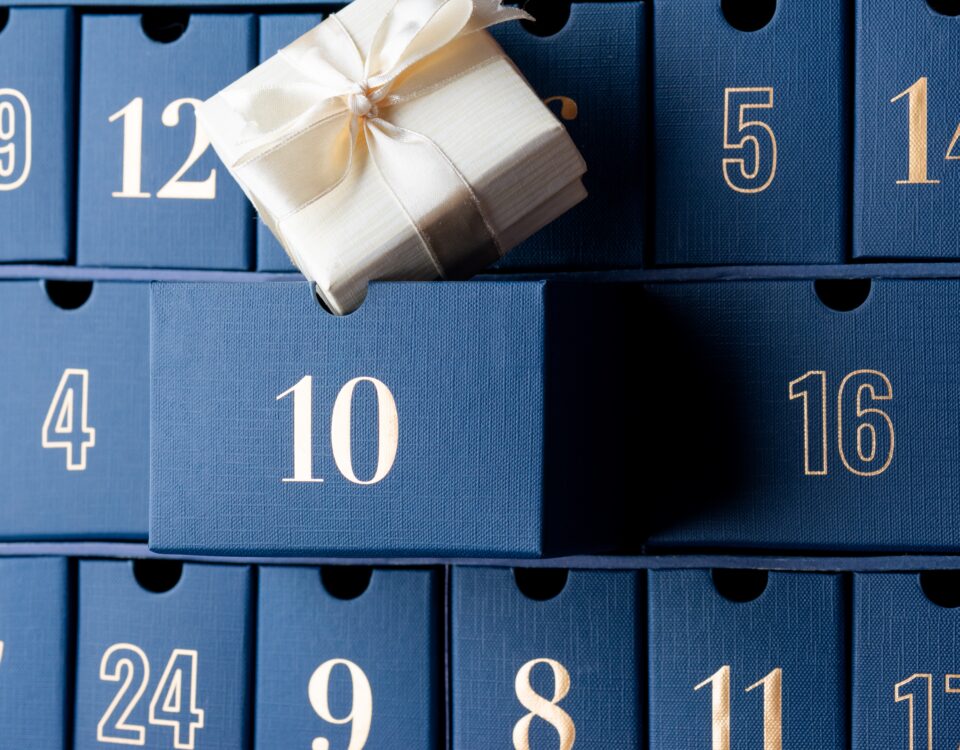Blue advent calendar with open box