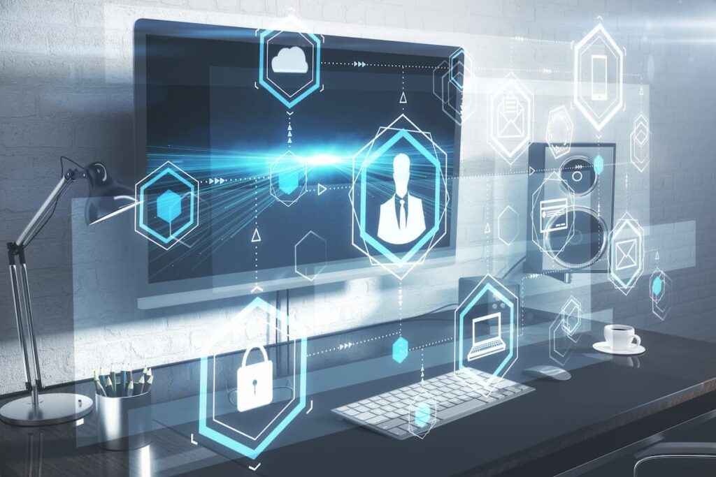 digital workplace home office cyber security cloud icons